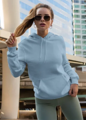 Female model wearing Baby Blue hoodie, 300 GSM brushed cotton fleece, Befiqr Style
