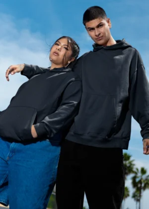 Male and female models wearing Navy Blue 300 GSM cotton hoodie by Befiqr Style Solid but Stylish, premium unisex streetwear hoodie